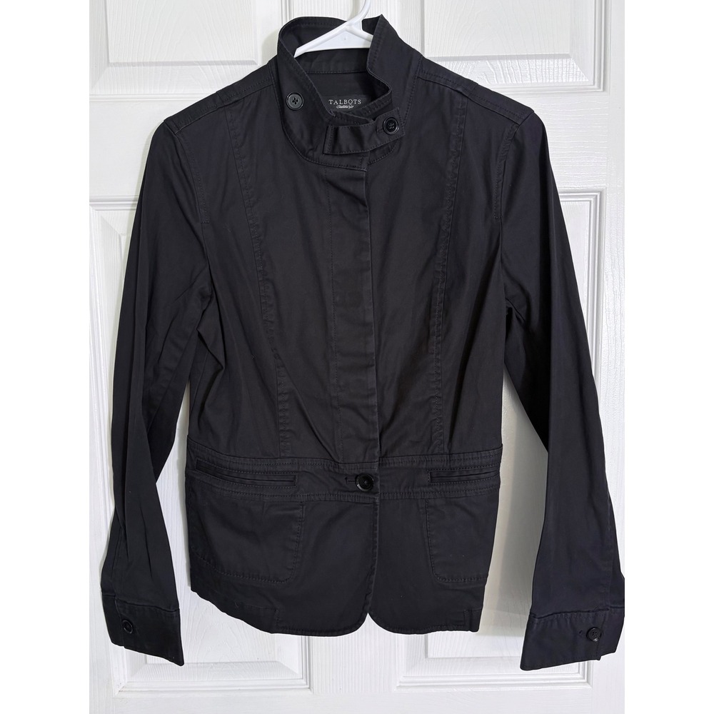 Talbots Utility Jacket Size 6 Black Mock Neck Button Front Cotton Blend Blazer